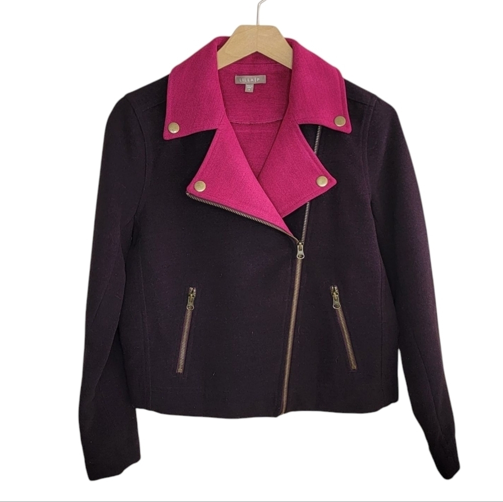Lilla P | Dark Plum Purple & Pink Colorblock Moto Jacket Size Small